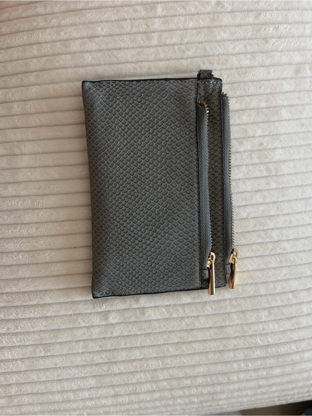 a new day gray mini zip card case with gold hardware
